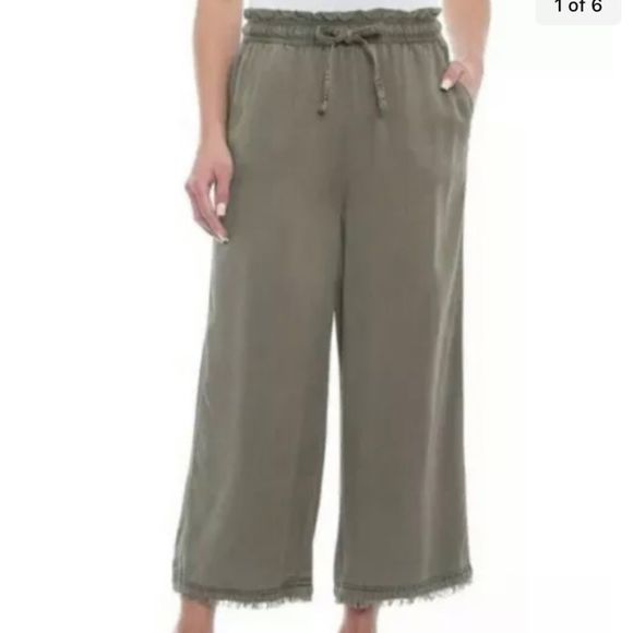 C&C California Loose Leg Size S Green Pants Elastic Waist Wide Frayed Hem Small - Picture 2 of 10